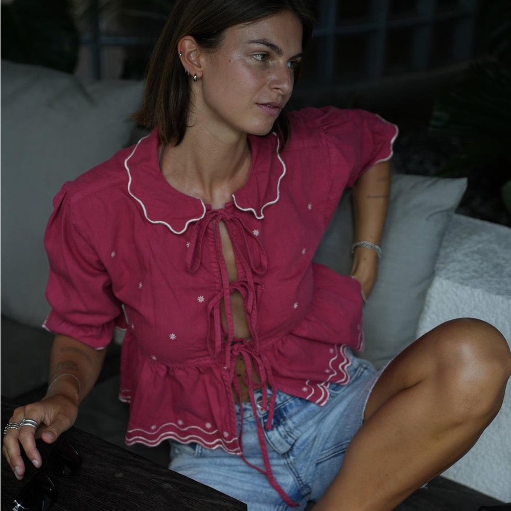 seventy + mochi Ana Tie Blouse in Vintage Red